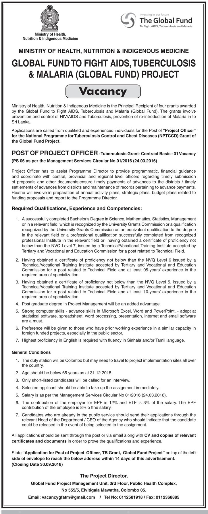  Project Officer - Ministry of Health, Nutrition & Indigenous Medicine